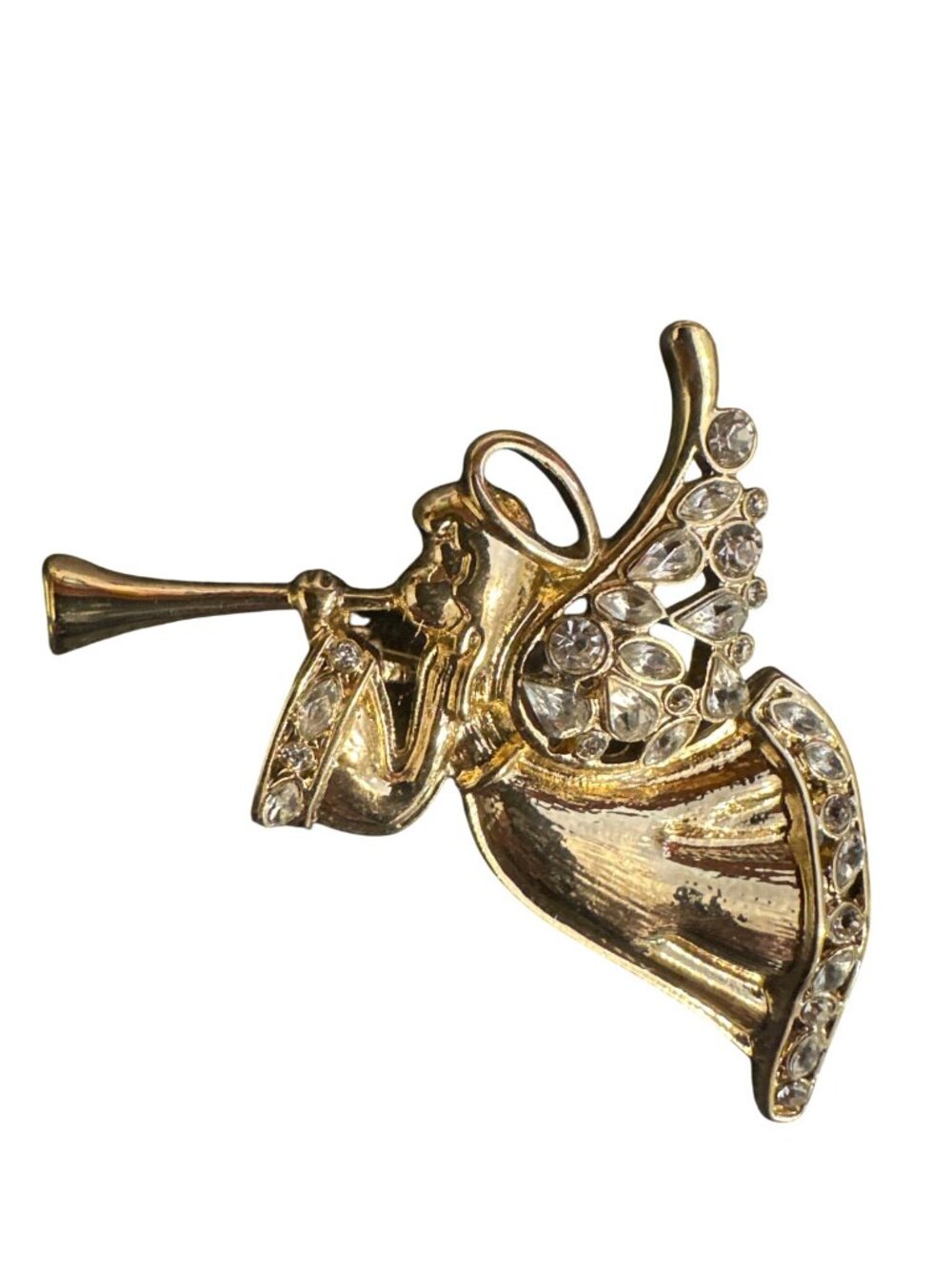 Vintage Napier Gold-Tone Angel Brooch With Clear Rhinestones Trumpet Pin Christm - Picture 2 of 5